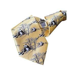 Panda Bamboo Novelty Tie Gold Asian Theme Animal Bear Pattern Necktie Happy Hour